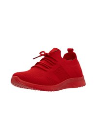 Rote gestrickte Sportschuhe mit runder Zehenform, Schnürdesign und strukturierten Akzenten. Verfügt über eine flexible Sohle und eine Zuglasche an der Ferse.