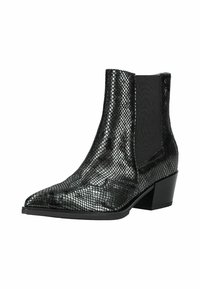 Bottines en simili cuir noir avec un motif en serpent, bout pointu, panneaux latéraux élastiques et un petit talon carré.