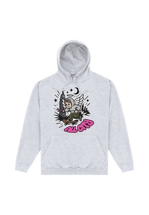 Jasnoszara bluza z kapturem z grafiką skrzydlatej osoby jeżdżącej na deskorolce obok drapacza chmur, pod księżycem, gwiazdami i różowym napisem "ALL CITY".