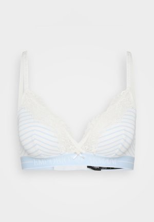 Bralet s čipkastim robom v beli in svetlo modri črti. Ima mehko skodelico, nastavljive naramnice in elastičen pas z blagovno znamko.