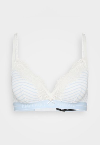 Lace-trimmed bralette in white and light blue stripes. Features a soft cup design, adjustable straps, and a branded elastic band.