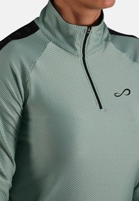 Lichtgroene quarter-zip pullover met gestructureerde stof, zwarte rits en zwarte schouderaccenten. Beschikt over een logo op de borst.