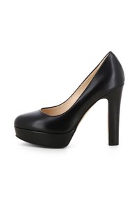 Décolleté nera in pelle con punta tonda, suola anteriore e tacco stiletto spesso. Finitura liscia, design minimalista.