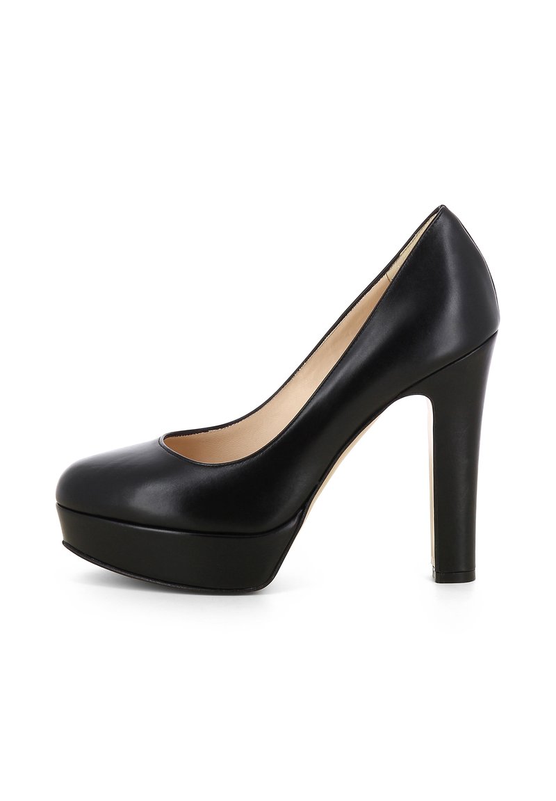 Décolleté nera in pelle con punta tonda, suola anteriore e tacco stiletto spesso. Finitura liscia, design minimalista.