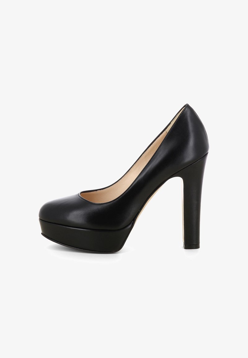 Décolleté nera in pelle con punta tonda, suola anteriore e tacco stiletto spesso. Finitura liscia, design minimalista.