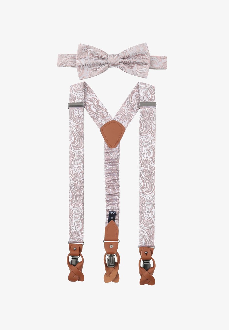 Rosa Paisley-musterte Hosenträger mit passendem Fliegen. Mit Lederakzenten und Metallclips. Textil mit Struktur und verstellbaren Trägern.