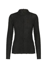 Sort langærmet turtleneck trøje med en tekstureret, ribbet struktur. Lavet af strikket materiale, med en tætsiddende pasform og høj halsudskæring.