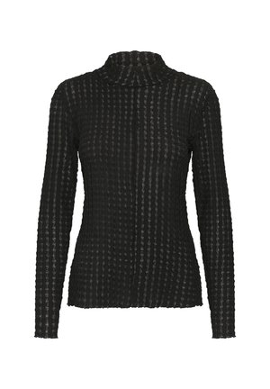 Schwarzes Langarm-Turtleneck-Oberteil mit strukturiertem, geripptem Muster. Aus gestricktem Material gefertigt, mit tailliertem Design und hohem Kragen.