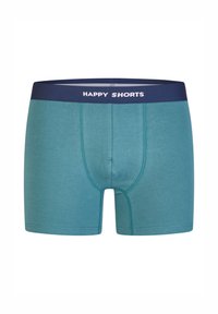 Tyrkysové boxerky s námořnickou modrou elastickou pasovkou, na které je bílým písmem napsáno "HAPPY SHORTS". Hladká textura a konturovaný design.