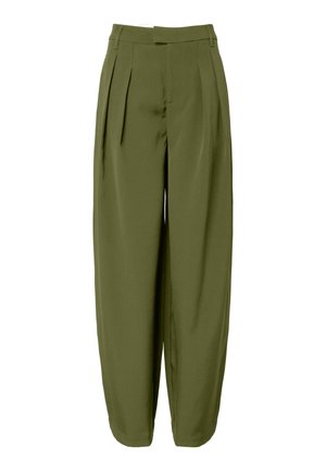 Olive green trousers with a high waist, pleated front, and tapered legs, made from a smooth fabric. Features a concealed zipper.