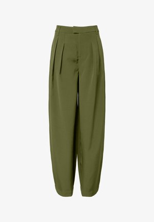 Olive green trousers with a high waist, pleated front, and tapered legs, made from a smooth fabric. Features a concealed zipper.