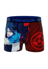 Un slip de boxeur avec un schéma de couleurs bleu et rouge, comportant un graphique de personnage et un logo. Fabriqué en tissu extensible, avec une taille noire.