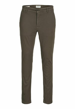 Chinos verde oliva con una vestibilità slim, realizzati in tessuto misto cotone. Presentano una chiusura con zip, bottone e un design a cinque tasche.
