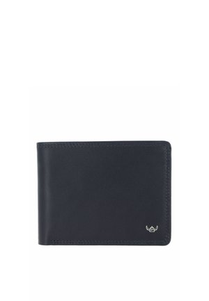 Portefeuille en cuir noir pliable avec un petit logo ailé argenté en bas à droite sur fond blanc.