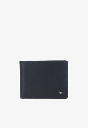 Portefeuille en cuir noir pliable avec un petit logo ailé argenté en bas à droite sur fond blanc.