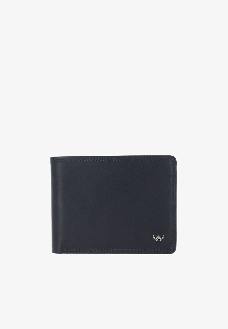 Portefeuille en cuir noir pliable avec un petit logo ailé argenté en bas à droite sur fond blanc.