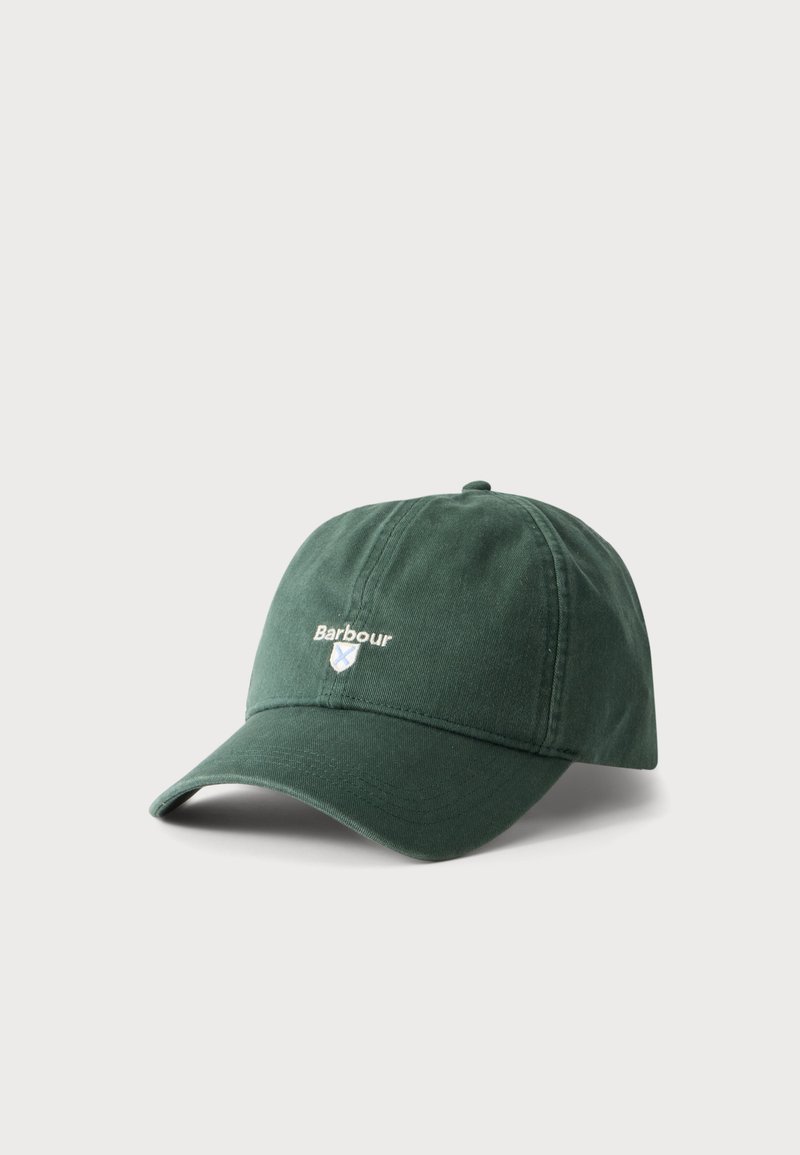 Casquette de baseball en tissu vert foncé avec une visière incurvée et un petit logo brodé "Barbour" et un écusson au centre avant.