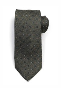 Zijde stropdas in donker groen met een gestructureerd oppervlak; voorzien van een klein paisleypatroon in marineblauw en bordeauxrood. Afgewerkt met een puntige punt.