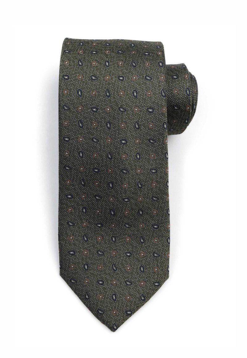 Zijde stropdas in donker groen met een gestructureerd oppervlak; voorzien van een klein paisleypatroon in marineblauw en bordeauxrood. Afgewerkt met een puntige punt.