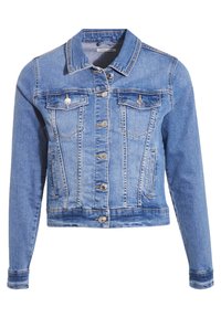 Veste en denim bleu clair avec une silhouette ajustée, deux poches poitrine, fermetures à boutons en argent et des détails de couture visibles sur les poignets et l'ourlet.