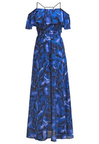 Robe maxi à motif floral bleu et noir, avec des manches épaules dénudées, une taille smockée et une jupe fluide. Confectionnée dans un tissu léger.