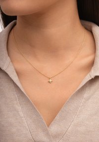 Goldkette mit einem sternförmigen Anhänger, der einen zentralen Edelstein enthält, vor einem hellbeigen Pullover mit Kragen.
