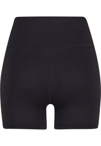Svart ribbestrikkede shorts med høy midje, med et teksturert mønster, sømløse kanter og kort lengde.