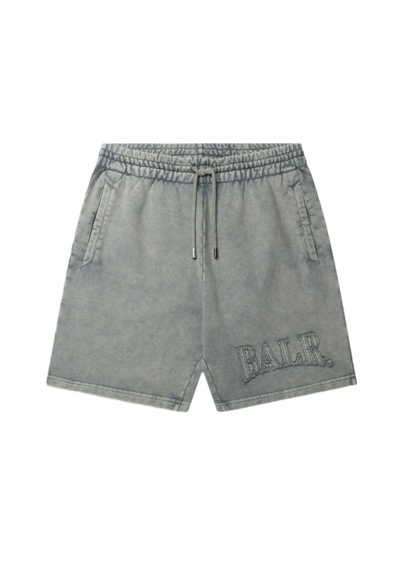Shorts décontractés gris avec taille élastique et cordon de serrage, poches latérales, et logo "BALR." brodé sur la jambe gauche.