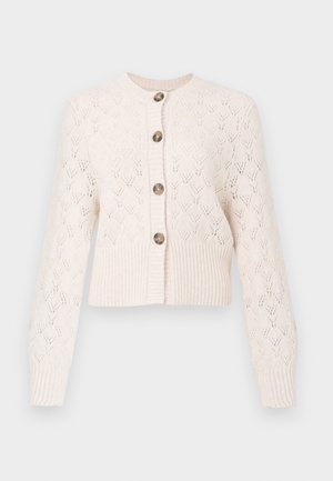 Crème gebreide cardigan met lange mouwen, knoopsluiting aan de voorkant, geribbelde zoom en een delicate opengewerkte diamanten patroon.