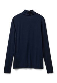 Camiseta de manga larga en color azul marino, con cuello alto y fabricada en un tejido suave y elástico. Textura lisa sin patrones ni acentos visibles.