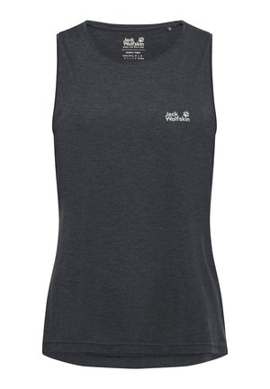 Grijze mouwloze tanktop gemaakt van zachte stof, met een ronde halslijn en een klein wit logo op de linkerborst. Gladde textuur.