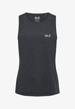 Débardeur gris sans manches en tissu doux, avec un col rond et un petit logo blanc sur le côté gauche de la poitrine. Texture lisse.