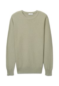 Maglione in maglia verde oliva con collo rotondo, polsini e orlo a costine, caratterizzato da un motivo strutturato su tutto il tessuto.