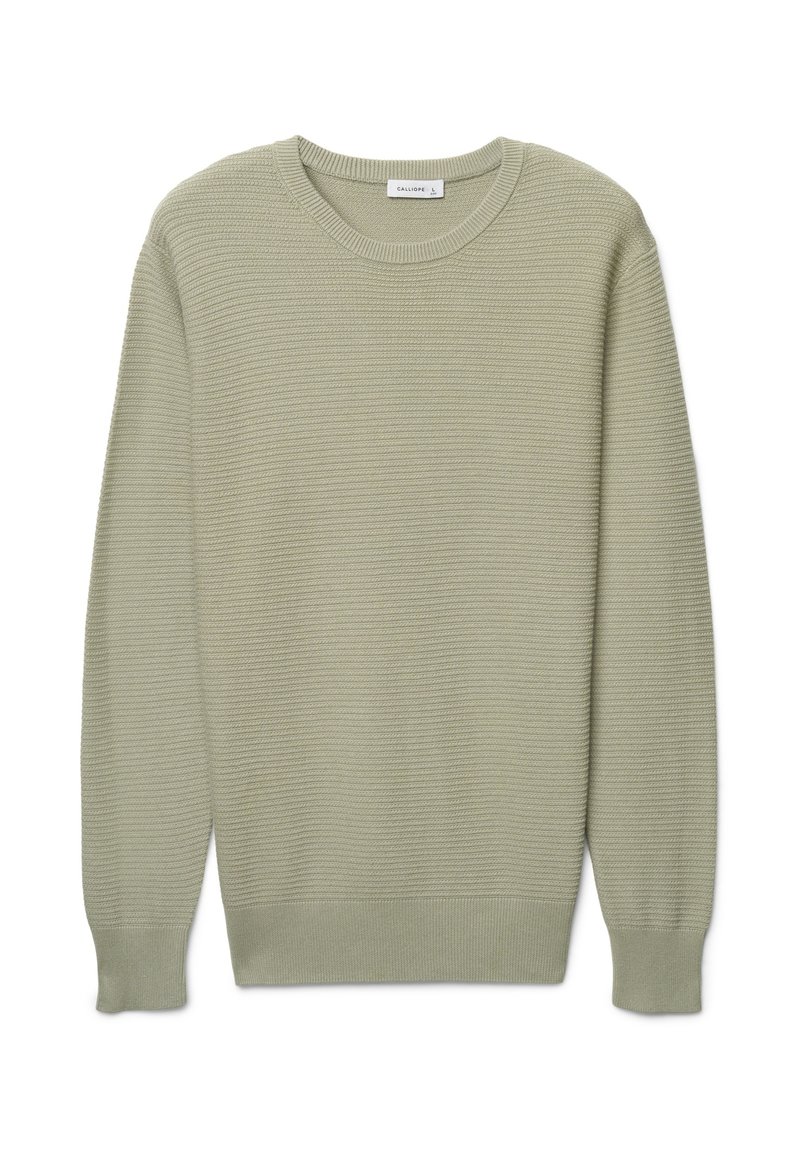 Maglione in maglia verde oliva con collo rotondo, polsini e orlo a costine, caratterizzato da un motivo strutturato su tutto il tessuto.