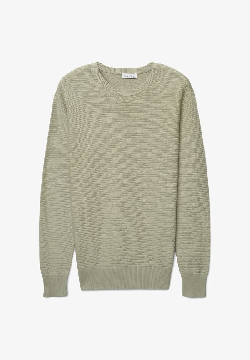 Maglione in maglia verde oliva con collo rotondo, polsini e orlo a costine, caratterizzato da un motivo strutturato su tutto il tessuto.