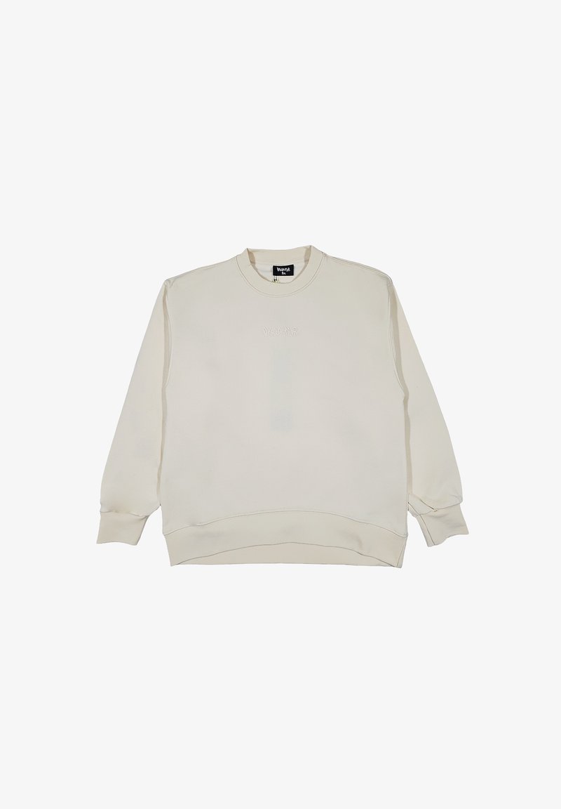 Felpa color crema con scollatura rotonda, texture a coste e logo ricamato sul davanti. Presenta maniche lunghe e polsini a costine.