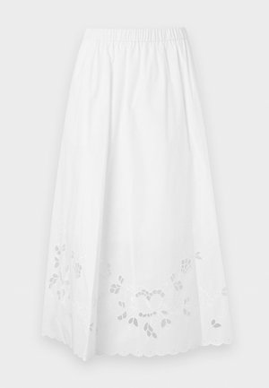 Λευκή μίντι φούστα με ελαστική μέση και λουλουδένια κεντήματα με τρύπες κατά μήκος της κυματιστής τελικής ραφής.