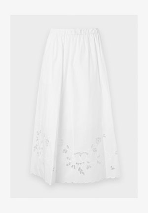 Λευκή μίντι φούστα με ελαστική μέση και λουλουδένια κεντήματα με τρύπες κατά μήκος της κυματιστής τελικής ραφής.