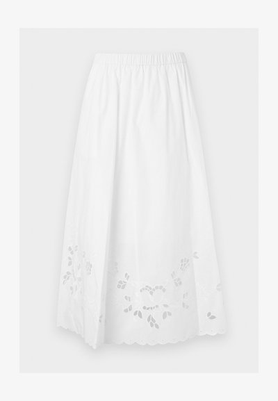 Λευκή μίντι φούστα με ελαστική μέση και λουλουδένια κεντήματα με τρύπες κατά μήκος της κυματιστής τελικής ραφής.