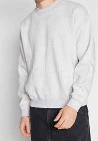 Sweatshirt gris clair en coton doux, avec un col rond, des poignets et un ourlet côtelés, et une coupe décontractée. À assortir avec un jean foncé.