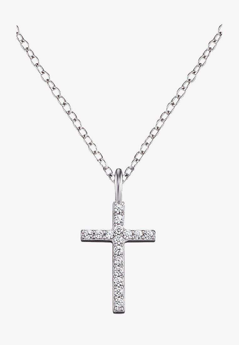 Silberne Kreuzkette mit einem Anhänger, der mit klaren Edelsteinen besetzt ist, befestigt an einer zarten Kette mit miteinander verbundenen Gliedern.