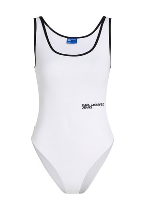 Bodysuit blanco acanalado con ribetes negros. Presenta un escote redondeado y un logo "KARL LAGERFELD JEANS" en el frente. Textura suave.
