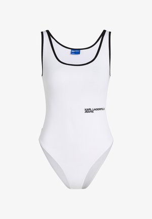 Bodysuit blanco acanalado con ribetes negros. Presenta un escote redondeado y un logo "KARL LAGERFELD JEANS" en el frente. Textura suave.
