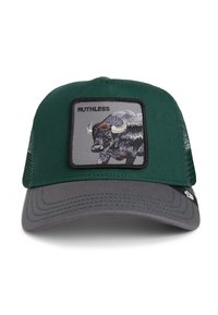 Grüne und graue Kappe mit flachem Schirm, die ein gesticktes Bison-Patch mit der Aufschrift "RUTHLESS" auf der Vorderseite und Netzseitenpaneelen aufweist.