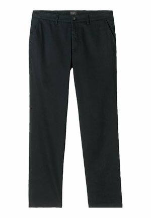 Schwarze Baumwollhose mit geradem Schnitt, ausgestattet mit Seitentaschen und einem Knopfverschluss. Glatte Textur und einfaches Design ohne Muster.