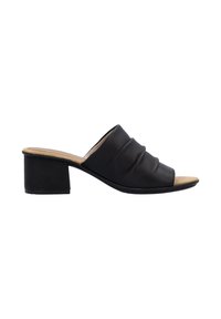 Black leather open-toe mules with a slight block heel, featuring soft ruching detail on the upper and a textured insole.
