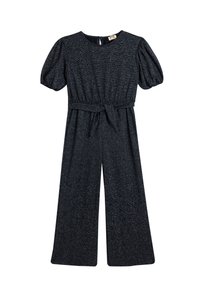 Navy blauwe jumpsuit met korte puffmouwen, elastische tailleband en een strikriem. Bevat een gestructureerde stof met een subtiele glans.