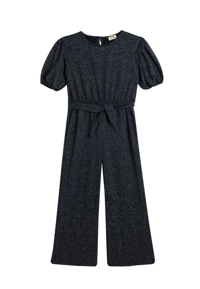 Navy blauwe jumpsuit met korte puffmouwen, elastische tailleband en een strikriem. Bevat een gestructureerde stof met een subtiele glans.