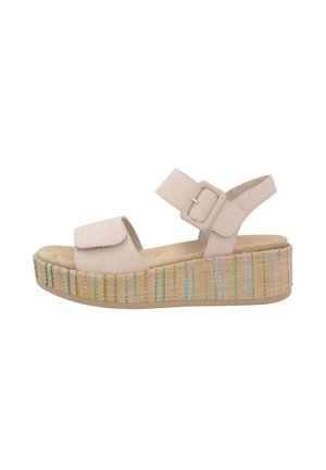 Light beige platform sandal with a textured, colorful woven base. Features adjustable strap with a buckle and a cushioned insole.