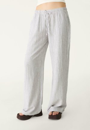 Pantaloni lounge leggeri a righe in bianco e blu, con vita elastica e coulisse, caratterizzati da una vestibilità ampia e una texture morbida.